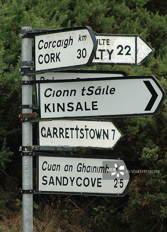 列出多个爱尔兰城镇的爱尔兰道路和指示牌图片素材