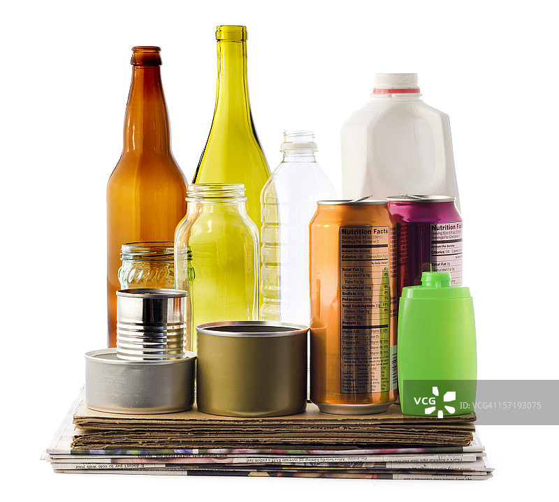 可回收包装材料：纸、纸板、瓶子、塑料、玻璃罐图片素材