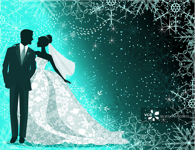 冬季蓝色剪影中的新娘和新郎图片素材