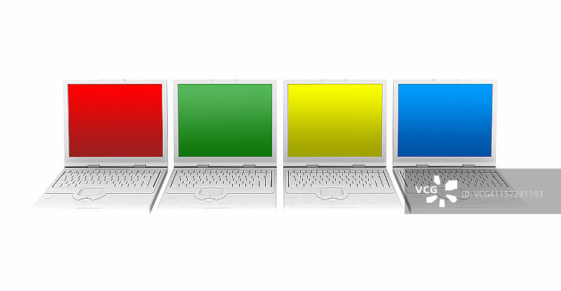 带有彩色屏幕的四台笔记本电脑图片素材