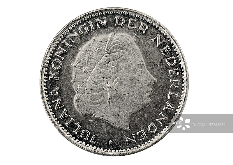 荷兰女王朱莉安娜在1979年2.5荷兰盾硬币上，已隔离图片素材
