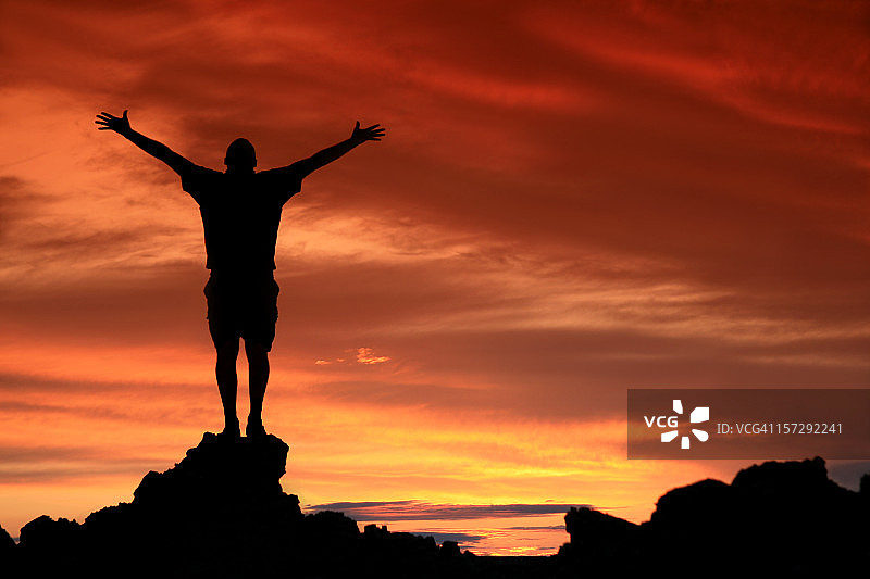 在赞美和敬拜中的男子剪影（看不到脸）图片素材