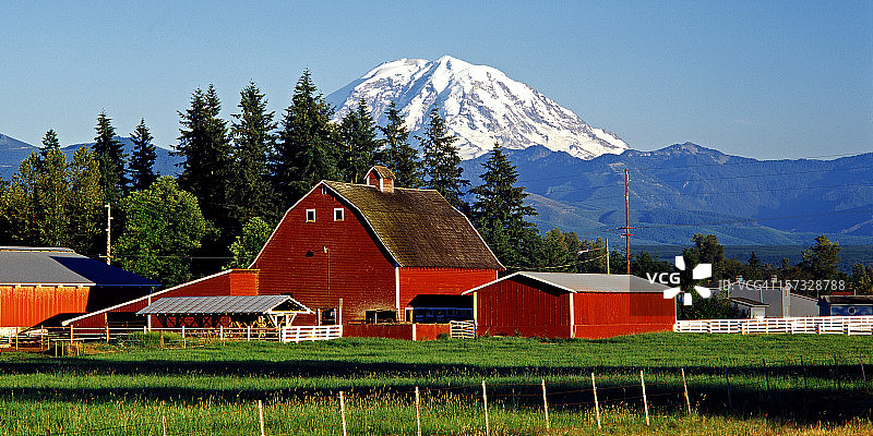 雷尼尔山和红色谷仓图片素材