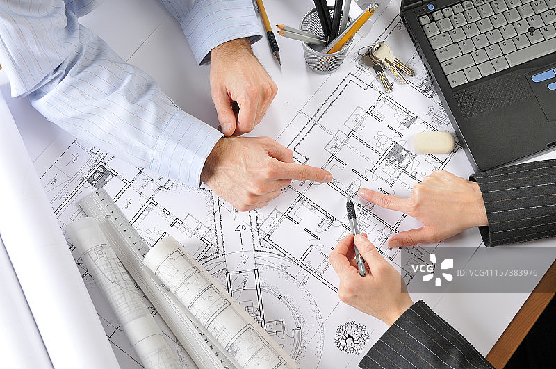 房屋项目，建筑师，开发商，客户，新投资，蓝图，直接上方图片素材