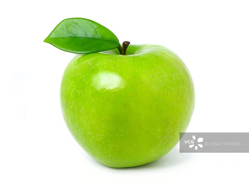 白色背景上的青苹果与叶子图片素材