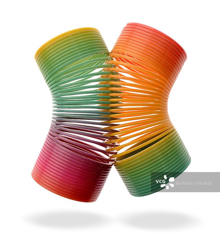 思考春天！两个彩色塑料弹簧缠绕，漂浮，白色背景图片素材