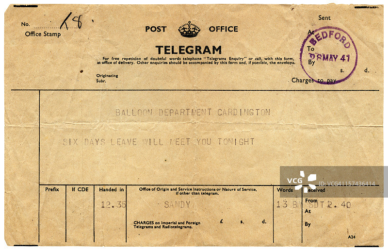 1941年发往卡丁顿的喜讯电报图片素材