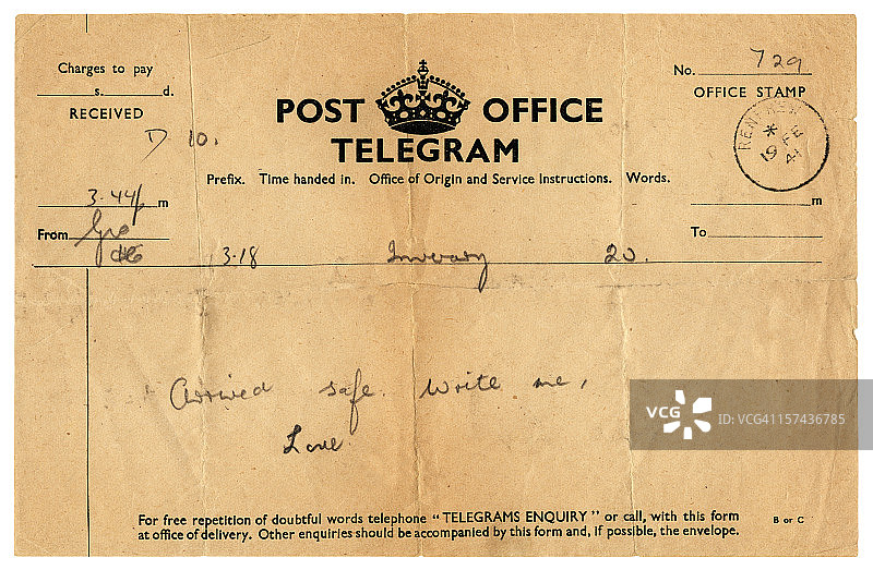 1941年发往苏格兰的“安全抵达”电报图片素材