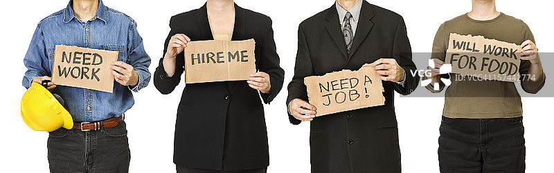 失业工人举着纸板标志寻找招聘机会图片素材