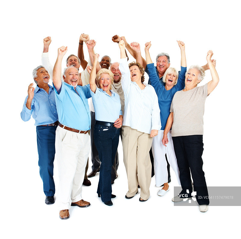 快乐的年长男人和女人举起手臂图片素材