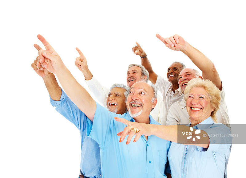 向上指的快乐老年男人和女人图片素材