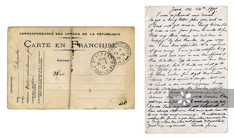 1915年从法国寄出的英国军队明信片正反面图片素材