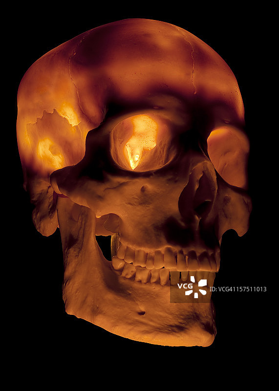 发光的人类头骨，黑色背景，带裁剪路径图片素材