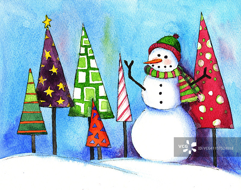 水彩雪人与风格化树木图片素材