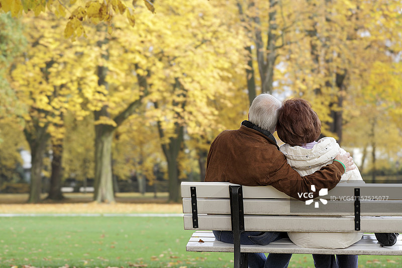 秋天公园长椅上的老年夫妇背影图片素材