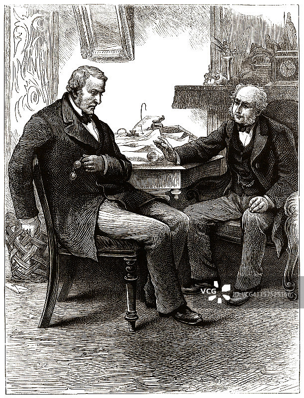 两位年长的男人讨论生意-维多利亚风格插画图片素材