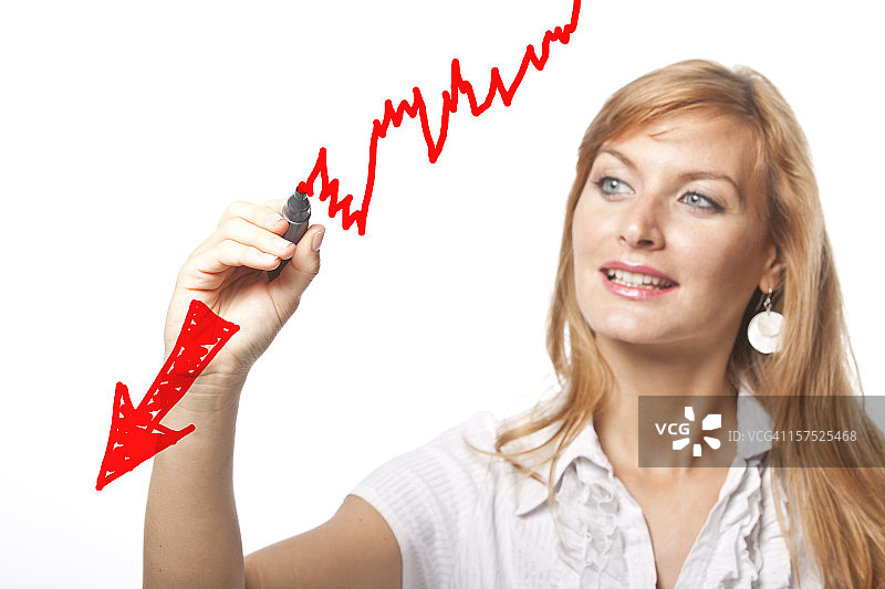 熊市，漂亮的女商人绘制看跌股票图表线图片素材
