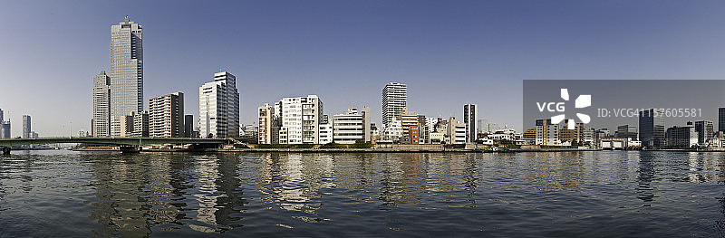 隅田川畔的摩天大楼日出景观，位于日本东京中央区图片素材