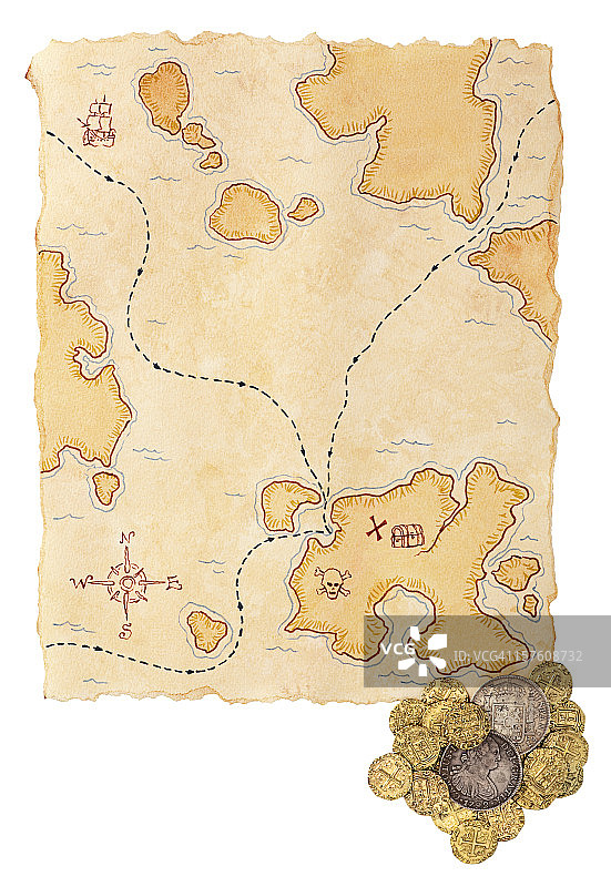 埋藏宝藏和金币的地图，白色背景图片素材
