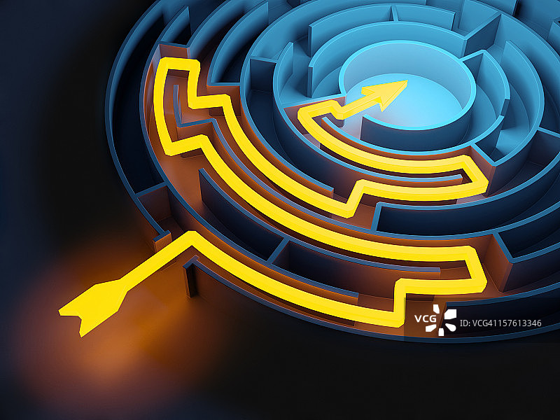 带有发光解决方案路径的抽象圆形迷宫图片素材
