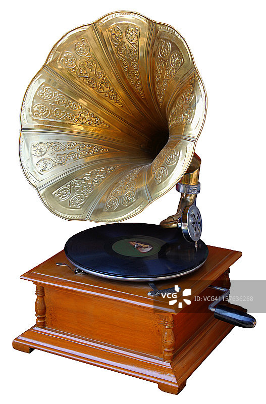 白色背景上的老式号角唱片机图片素材