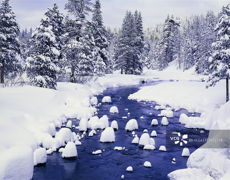 冬日白雪覆盖的森林与河流图片素材