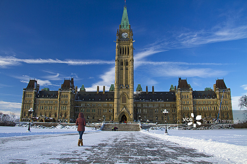 冬季在加拿大议会大厦前的妇女图片素材