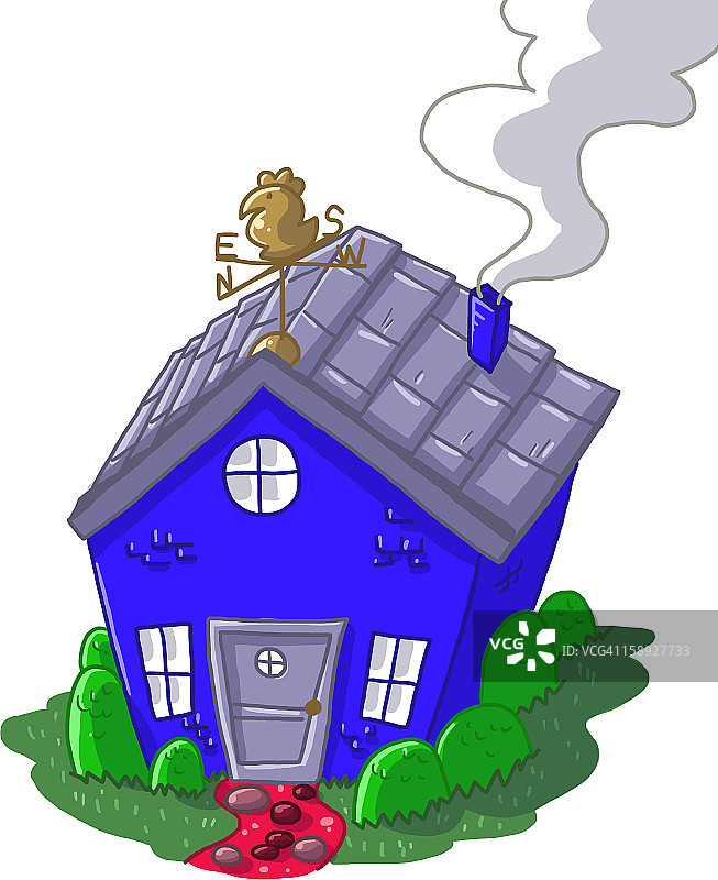 烟囱冒烟的蓝色房子图片素材