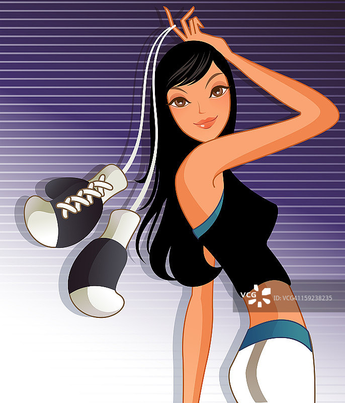 女人拿着拳击手套，背景为条纹图片素材