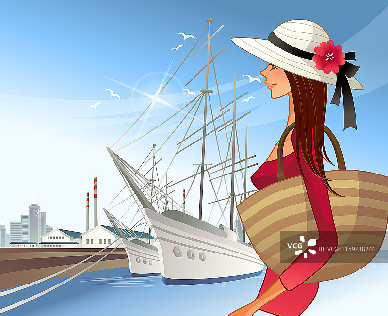 背景有帆船的女人图片素材