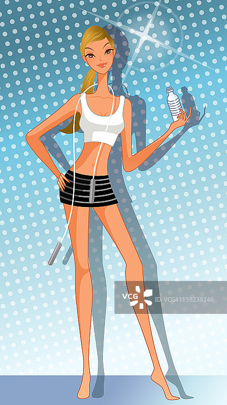 女人拿着瓶子，点状背景图片素材