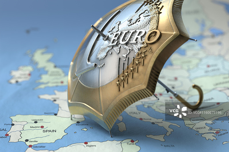 欧洲地图上的欧元硬币雨伞图片素材