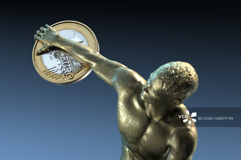 古青铜铁饼运动员与一欧元硬币图片素材