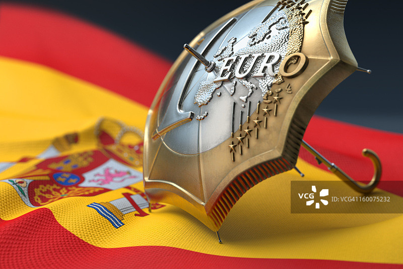 西班牙国旗上的欧元硬币雨伞图片素材