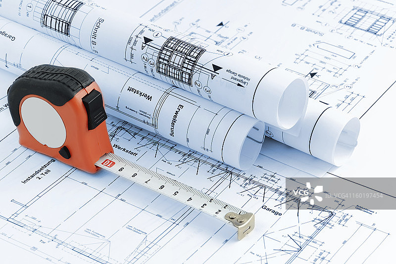 带卷尺的房屋建筑蓝图图片素材