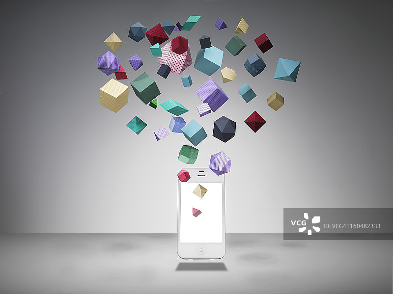 带有漂浮几何形状的手机图片素材