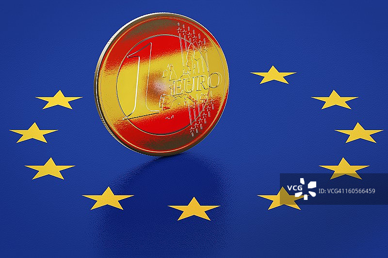 带有西班牙国旗倒影的欧元硬币图片素材