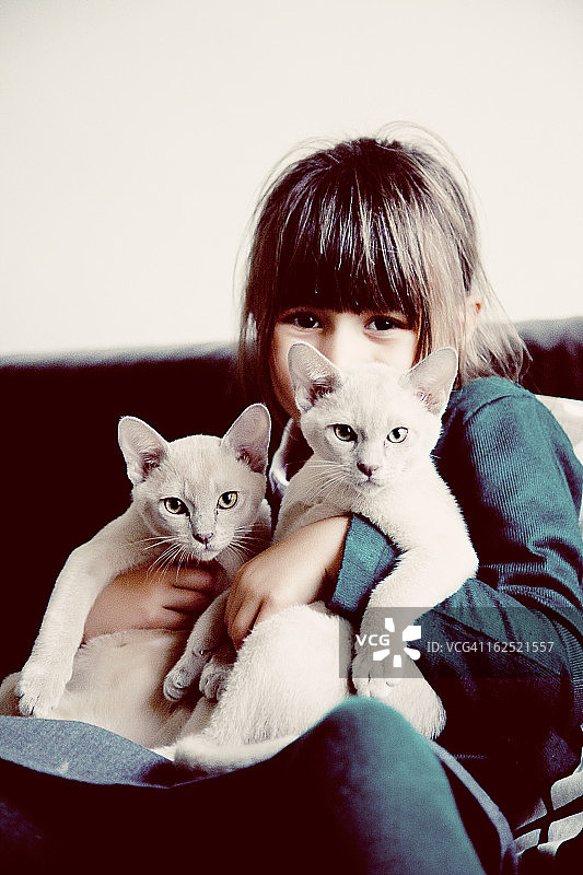 和小猫在一起的儿童图片素材