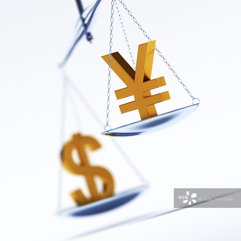 人民币、日元和美元货币符号天平图片素材