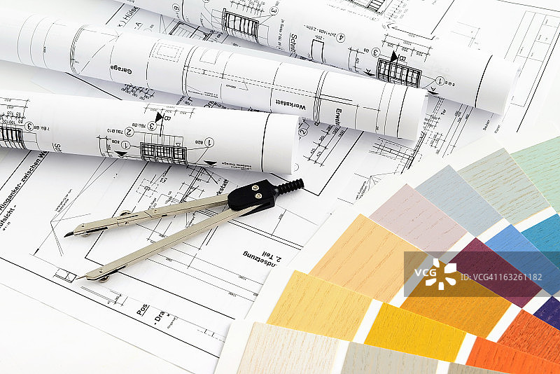 用于家装蓝图和指南针的彩色色板图片素材