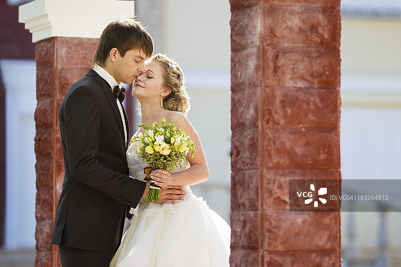 美丽优雅的幸福新婚夫妇接吻图片素材