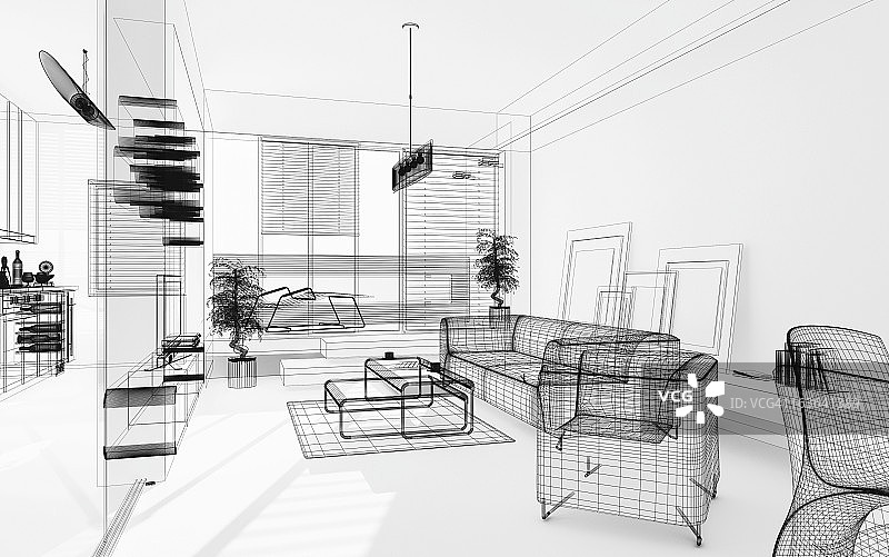 线框3D现代室内设计。蓝图。渲染图像。抽象建筑图片素材