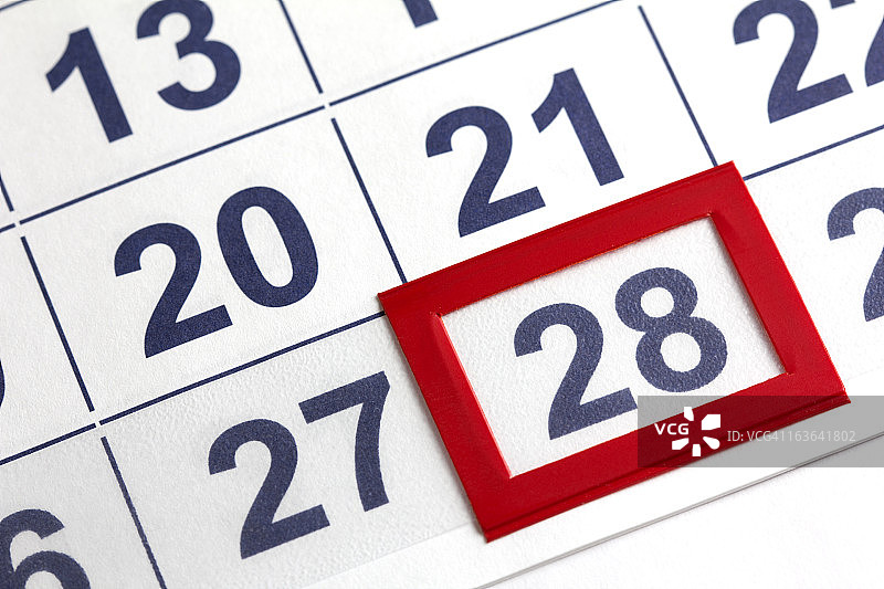 日历上用红色框出的28号图片素材