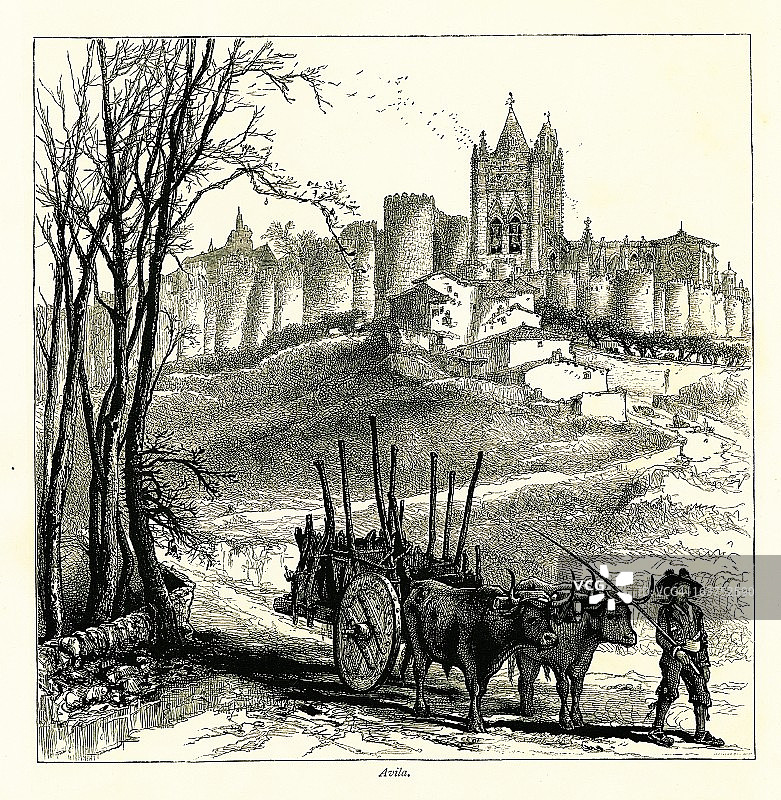 西班牙阿维拉古老的欧洲城墙插画图片素材