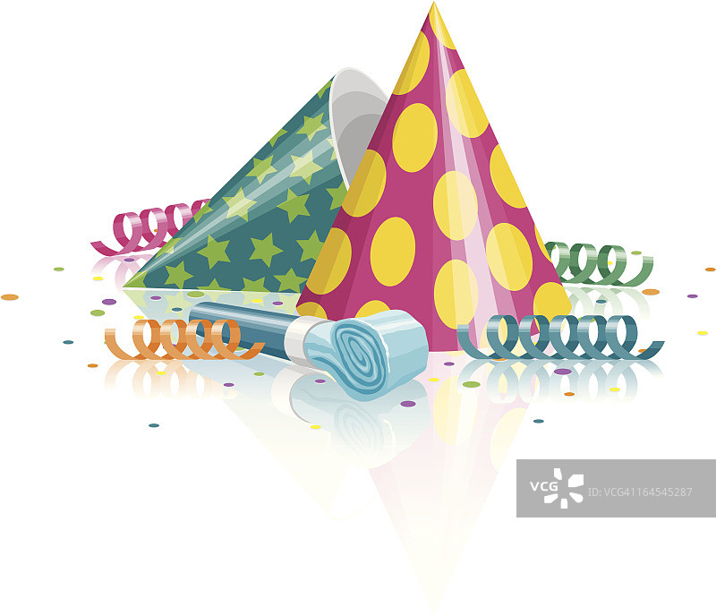 派对帽、助兴玩具、五彩纸屑和彩带图片素材