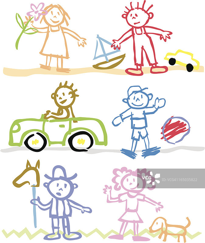 不同场景中的儿童风格火柴人插图图片素材