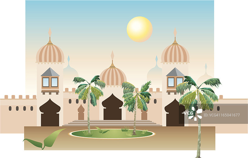 卡通阿拉伯风格棕榈树豪宅图片素材