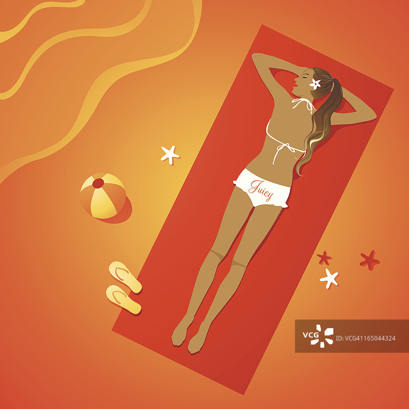 在海滩上日光浴的棕褐色女孩图片素材