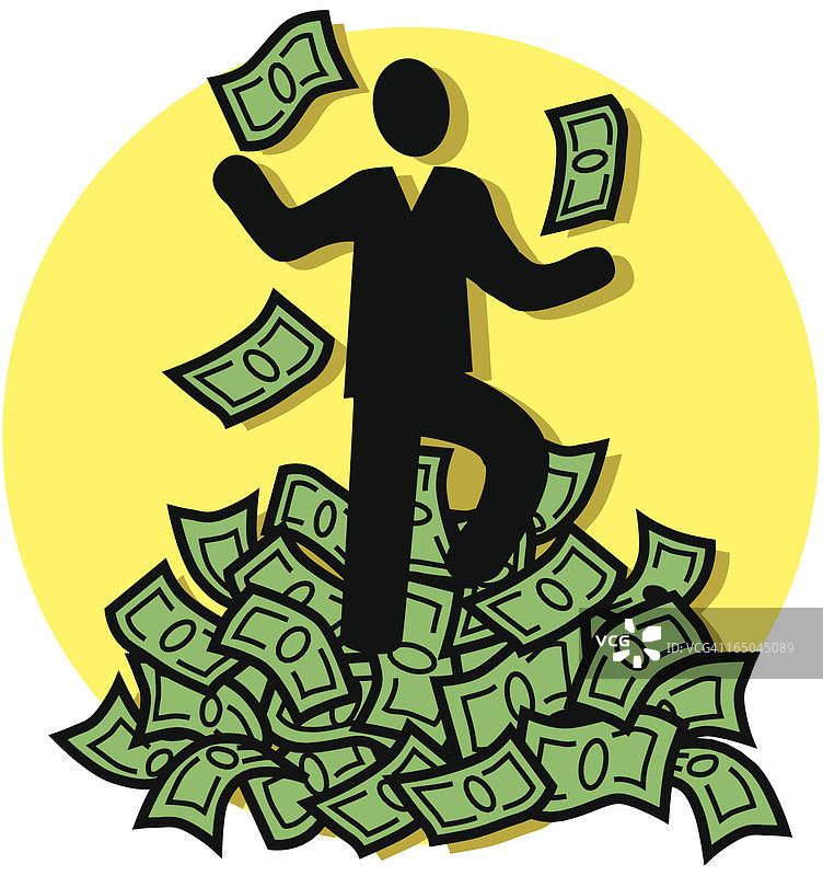 在钱堆里跳跃的男人图片素材
