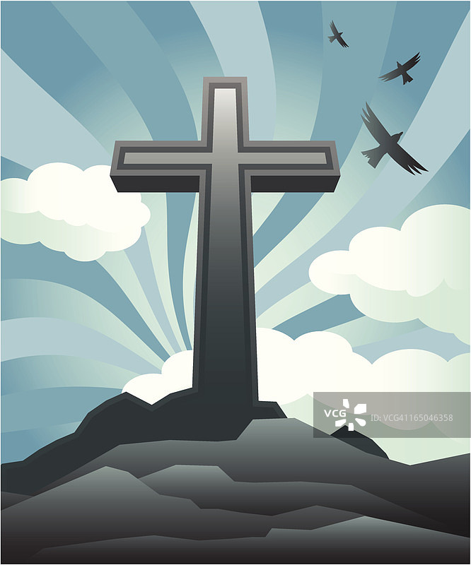 山顶上对着天空的十字架绘画图片素材